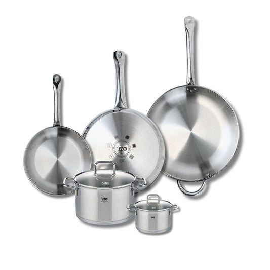 Ensemble de 3 Poêles de cuisson 24, 28 et 32 cm et 2 faitouts 12 et 20 cm Elo Profi Citrin