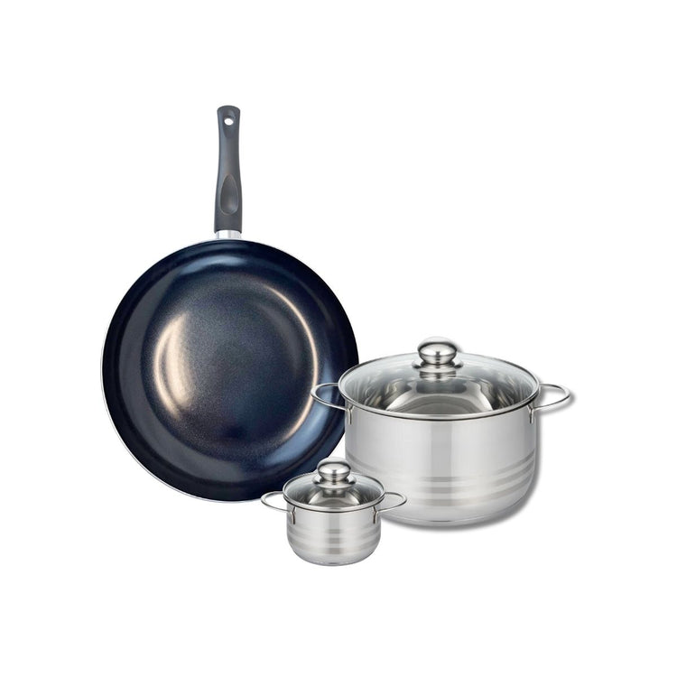 Ensemble de 1 Poêle de cuisson 32 cm et 2 faitouts 12 et 24 cm Elo Prima Brillant