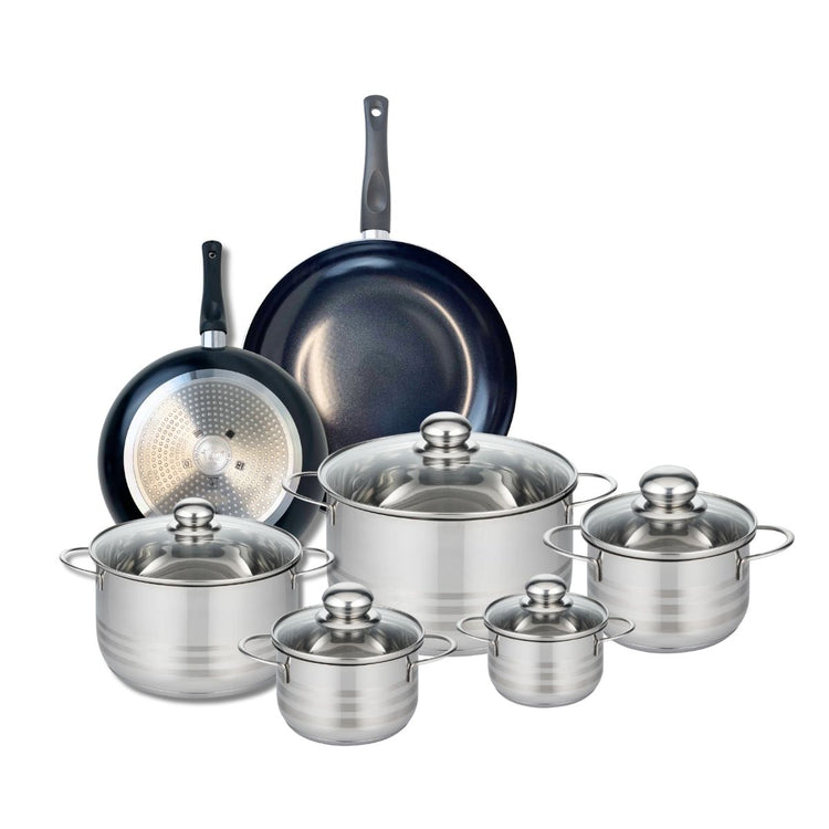 Ensemble de 2 Poêles de cuisson 24 et 28 cm et 5 faitouts 12, 14, 16, 20 et 24 cm Elo Prima Brillant