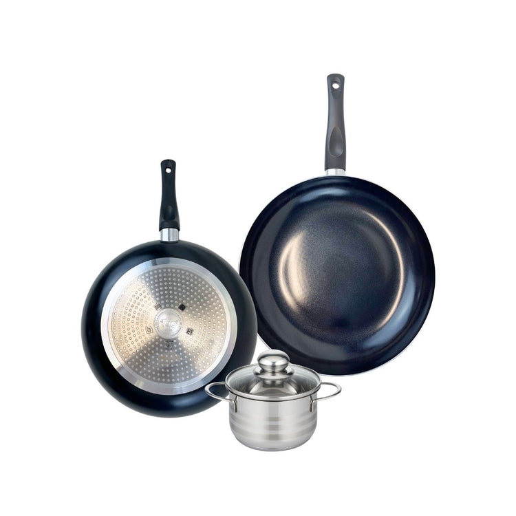 Ensemble de 2 Poêles de cuisson 28 et 32 cm et 1 faitout 14 cm Elo Prima Brillant