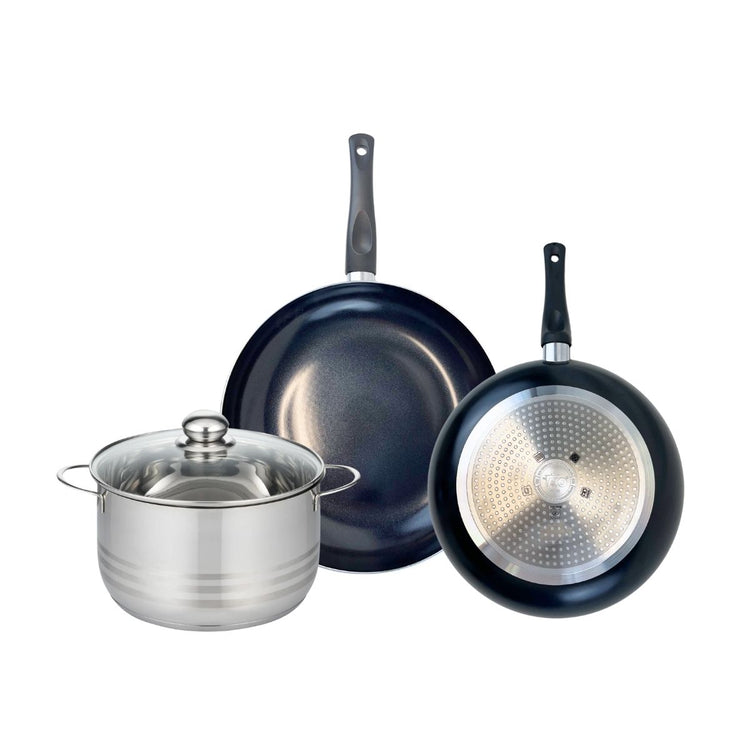 Ensemble de 2 Poêles de cuisson 28 et 32 cm et 1 faitout 24 cm Elo Prima Brillant