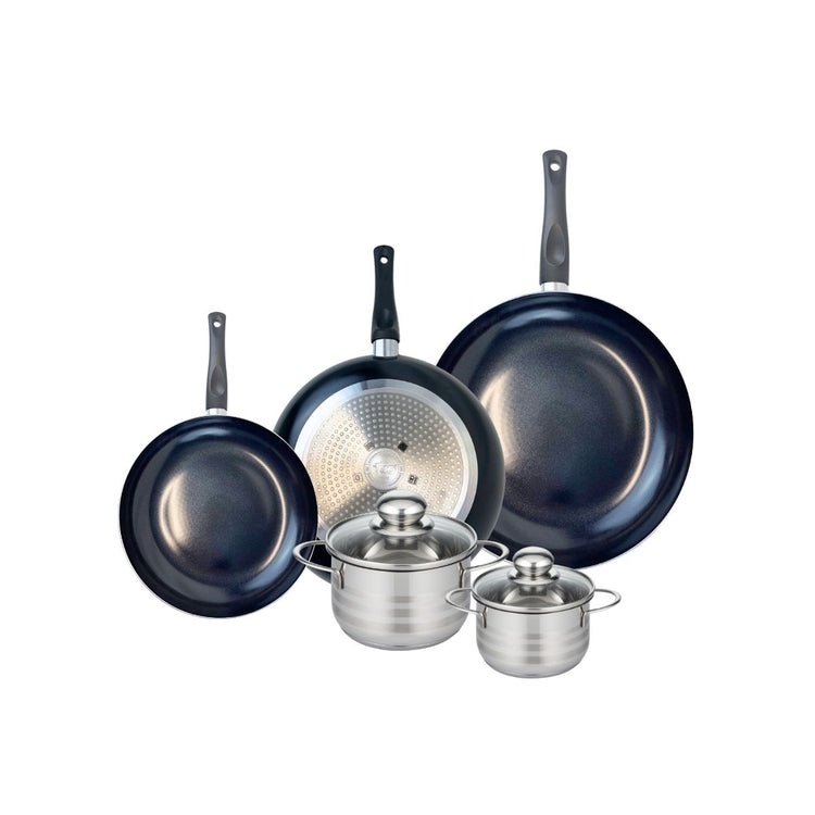 Ensemble de 3 Poêles de cuisson 20, 24 et 28 cm et 2 faitouts 12 et 14 cm Elo Prima Brillant