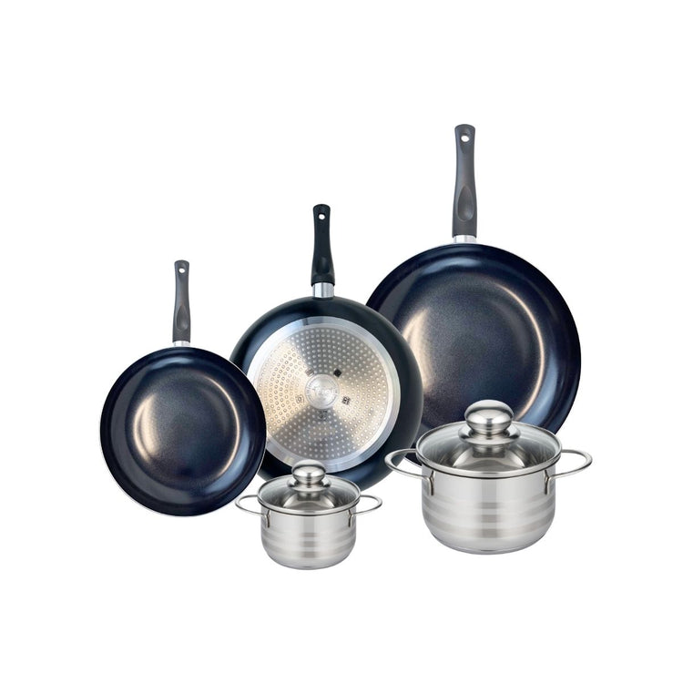 Ensemble de 3 Poêles de cuisson 20, 24 et 28 cm et 2 faitouts 12 et 16 cm Elo Prima Brillant