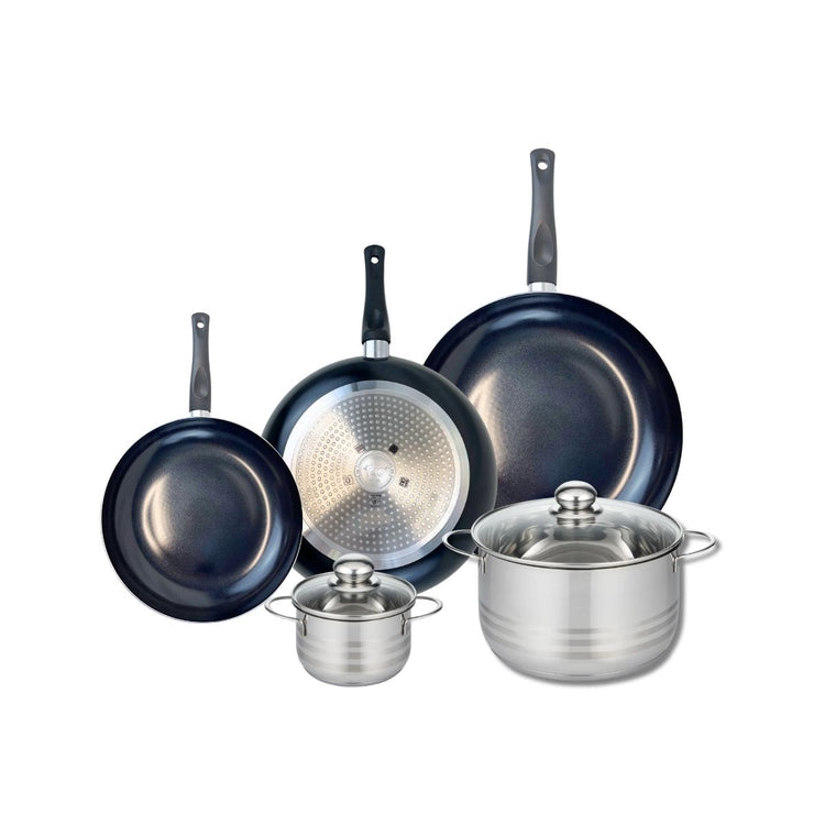 Ensemble de 3 Poêles de cuisson 20, 24 et 28 cm et 2 faitouts 12 et 20 cm Elo Prima Brillant