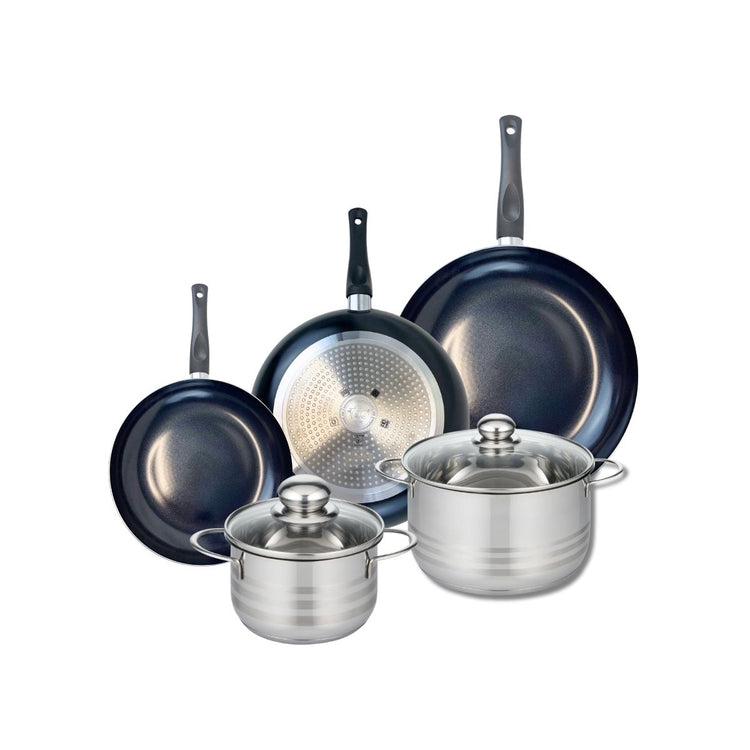 Ensemble de 3 Poêles de cuisson 20, 24 et 28 cm et 2 faitouts 16 et 20 cm Elo Prima Brillant