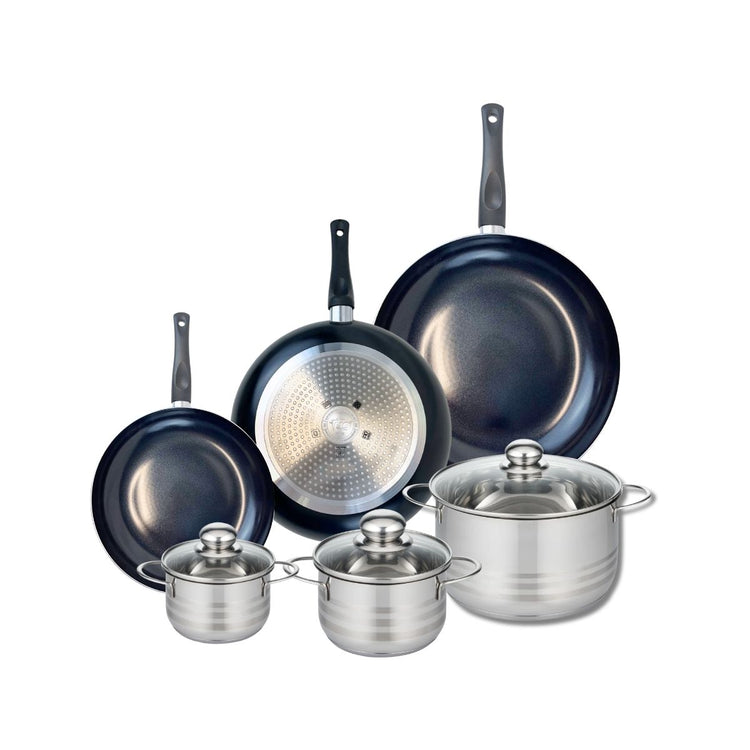 Ensemble de 3 Poêles de cuisson 20, 24 et 28 cm et 3 faitouts 12, 14 et 20 cm Elo Prima Brillant