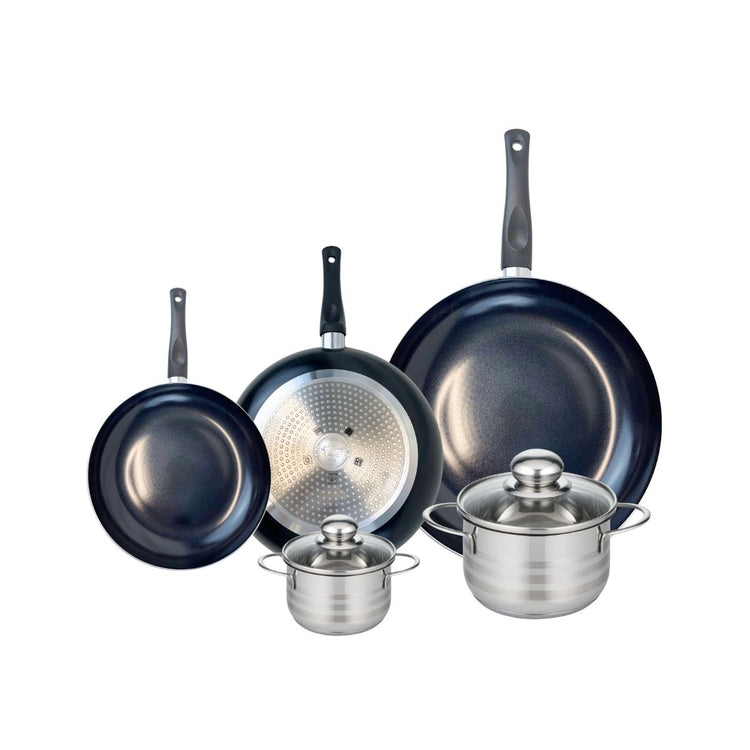 Ensemble de 3 Poêles de cuisson 20, 24 et 32 cm et 2 faitouts 12 et 16 cm Elo Prima Brillant