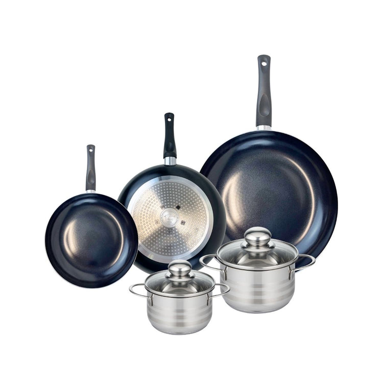 Ensemble de 3 Poêles de cuisson 20, 24 et 32 cm et 2 faitouts 14 et 16 cm Elo Prima Brillant