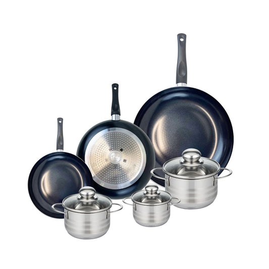 Ensemble de 3 Poêles de cuisson 20, 24 et 32 cm et 3 faitouts 12, 14 et 16 cm Elo Prima Brillant