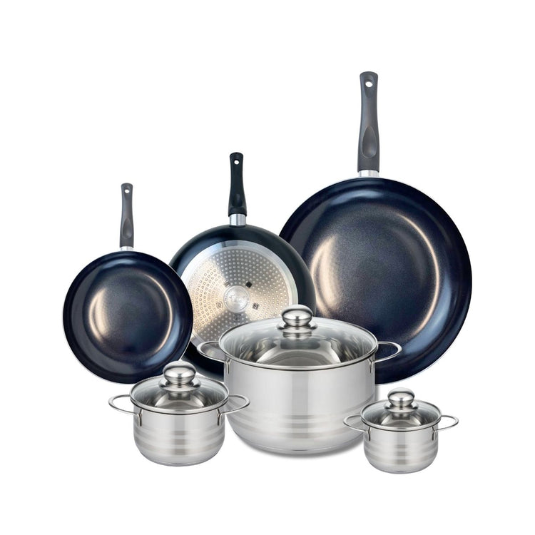 Ensemble de 3 Poêles de cuisson 20, 24 et 32 cm et 3 faitouts 12, 14 et 24 cm Elo Prima Brillant