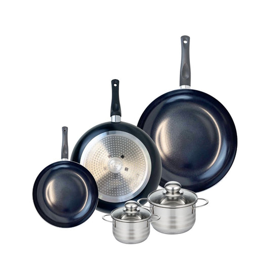 Ensemble de 3 Poêles de cuisson 20, 28 et 32 cm et 2 faitouts 12 et 14 cm Elo Prima Brillant