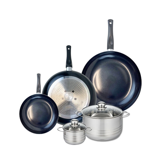 Ensemble de 3 Poêles de cuisson 20, 28 et 32 cm et 2 faitouts 12 et 20 cm Elo Prima Brillant