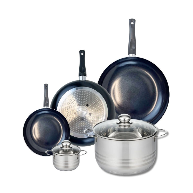 Ensemble de 3 Poêles de cuisson 20, 28 et 32 cm et 2 faitouts 12 et 24 cm Elo Prima Brillant