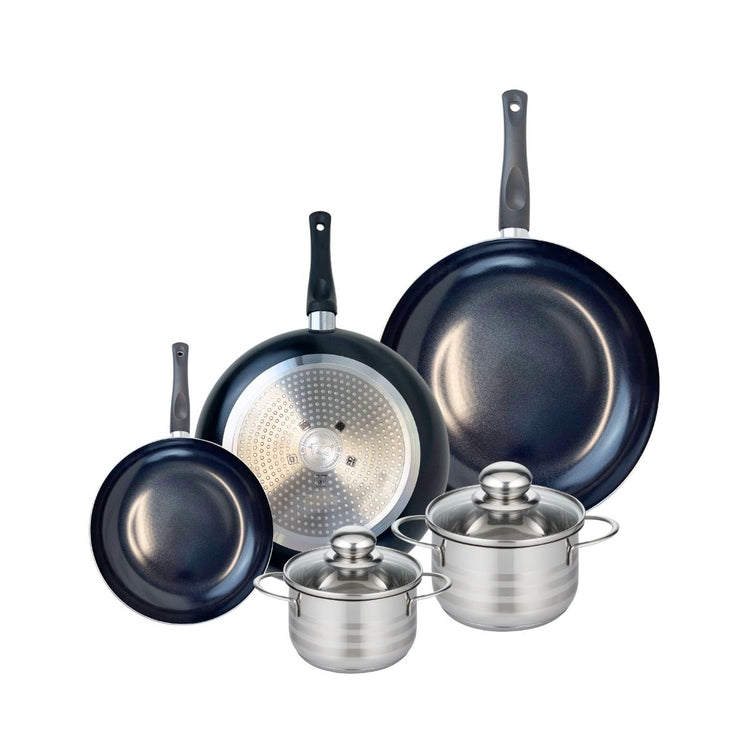 Ensemble de 3 Poêles de cuisson 20, 28 et 32 cm et 2 faitouts 14 et 16 cm Elo Prima Brillant