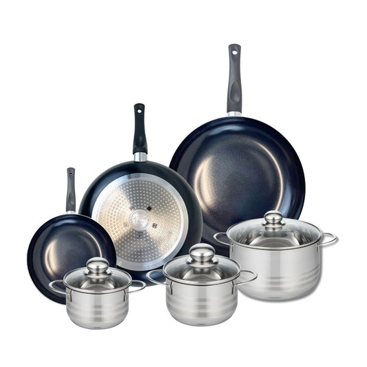 Ensemble de 3 Poêles de cuisson 20, 28 et 32 cm et 3 faitouts 14, 16 et 20 cm Elo Prima Brillant