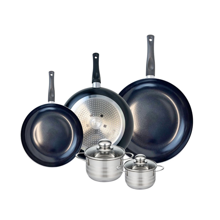 Ensemble de 3 Poêles de cuisson 24, 28 et 32 cm et 2 faitouts 12 et 14 cm Elo Prima Brillant