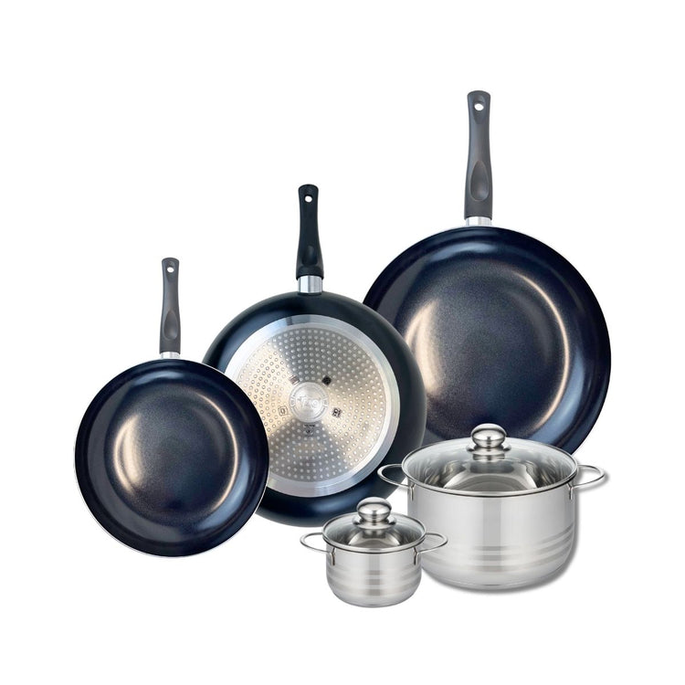 Ensemble de 3 Poêles de cuisson 24, 28 et 32 cm et 2 faitouts 12 et 20 cm Elo Prima Brillant