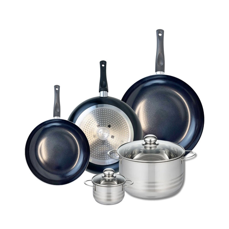 Ensemble de 3 Poêles de cuisson 24, 28 et 32 cm et 2 faitouts 12 et 24 cm Elo Prima Brillant