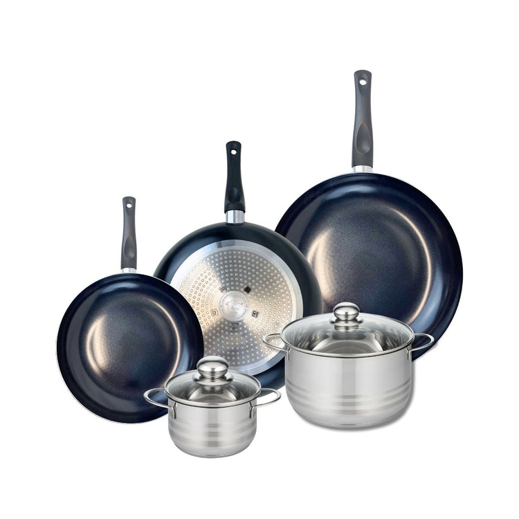 Ensemble de 3 Poêles de cuisson 24, 28 et 32 cm et 2 faitouts 14 et 20 cm Elo Prima Brillant