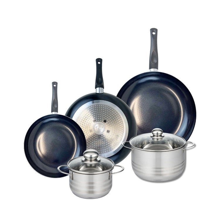 Ensemble de 3 Poêles de cuisson 24, 28 et 32 cm et 2 faitouts 16 et 20 cm Elo Prima Brillant