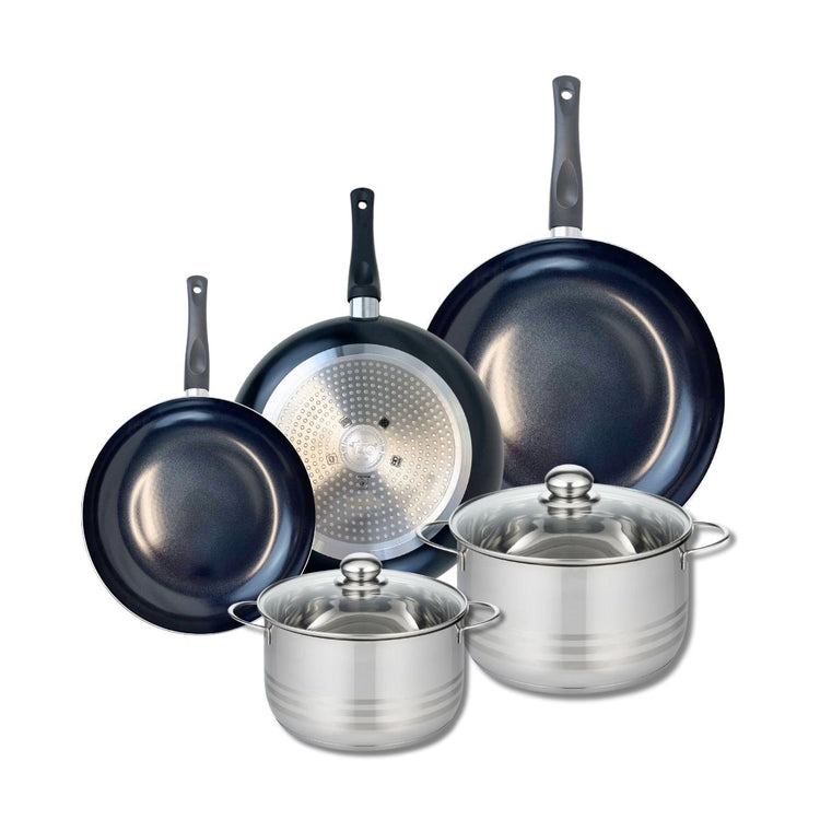 Ensemble de 3 Poêles de cuisson 24, 28 et 32 cm et 2 faitouts 20 et 24 cm Elo Prima Brillant