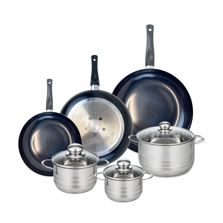 Ensemble de 3 Poêles de cuisson 24, 28 et 32 cm et 3 faitouts 14, 16 et 20 cm Elo Prima Brillant