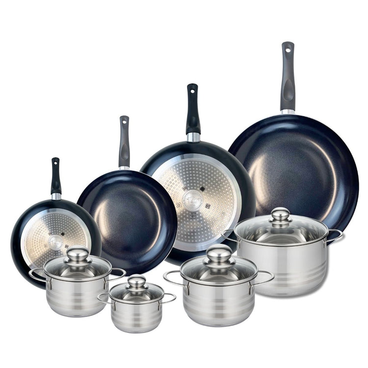 Ensemble de 4 Poêles de cuisson 20, 24, 28 et 32 cm et 4 faitouts 12, 14, 16 et 20 cm Elo Prima Brillant