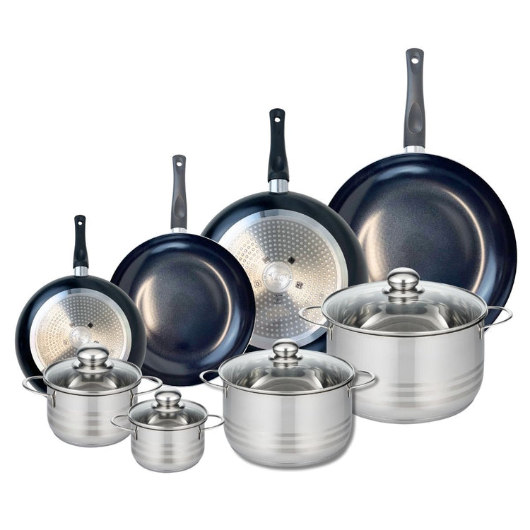 Ensemble de 4 Poêles de cuisson 20, 24, 28 et 32 cm et 4 faitouts 12, 14, 20 et 24 cm Elo Prima Brillant