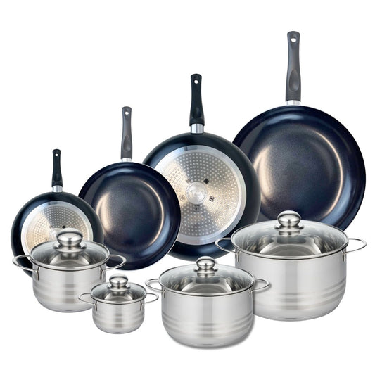 Ensemble de 4 Poêles de cuisson 20, 24, 28 et 32 cm et 4 faitouts 12, 16, 20 et 24 cm Elo Prima Brillant