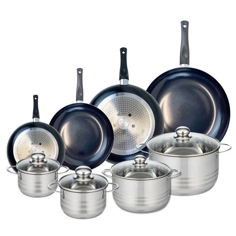 Ensemble de 4 Poêles de cuisson 20, 24, 28 et 32 cm et 4 faitouts 14, 16, 20 et 24 cm Elo Prima Brillant