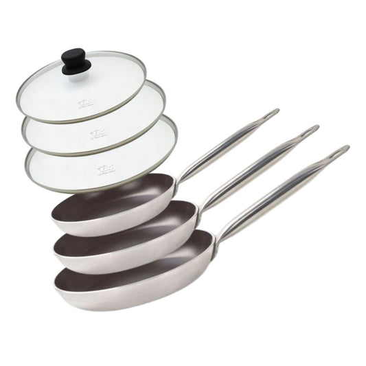 Set de 3 Poêles de cuisson avec revêtement céramique sans PFAS et couvercles de cuisson en verre, 24 cm, 28 cm et 32 cm Bistro Line Elo