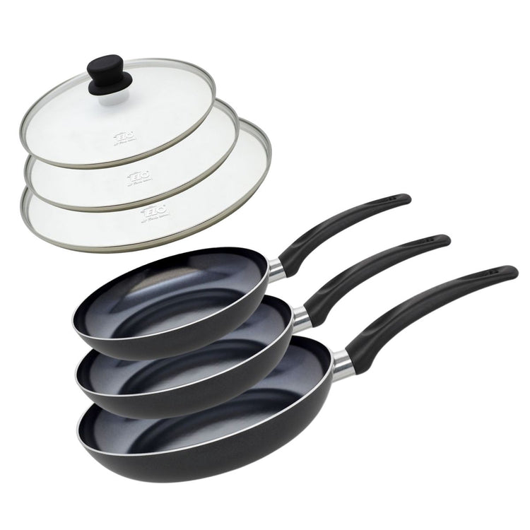 Set de 3 Poêles de cuisson avec revêtement céramique sans PFAS et 3 couvercles de cuisson en verre, 24 cm, 28 cm et 32 cm Elo Prima Cucina