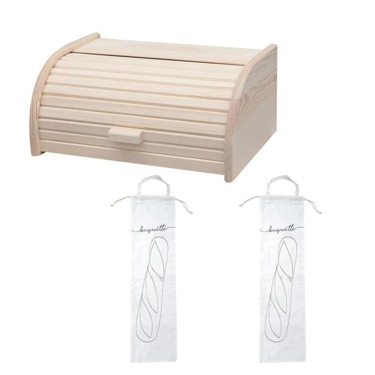 Set de 3 ustensiles pour le pain avec Huche à pain en bois pain et 2 Sacs de conservation en coton Fackelmann Boissellerie