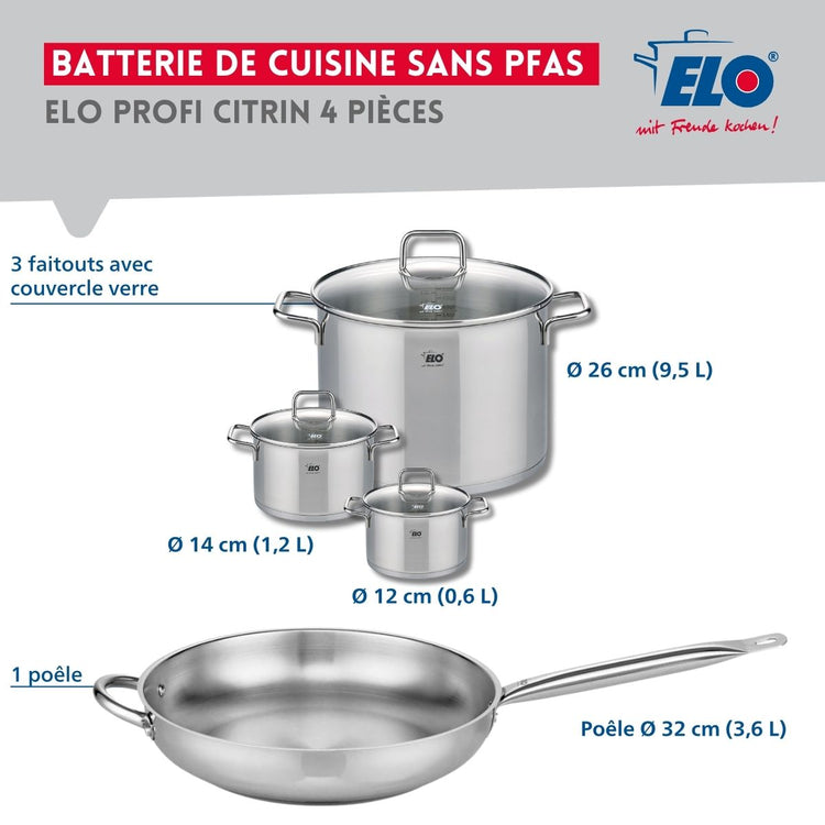 Set de 1 Poêle de cuisson 32 cm et 3 faitouts 12, 14 et 26 cm Elo Profi Citrin