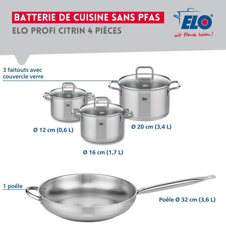 Set de 1 Poêle de cuisson 32 cm et 3 faitouts 12, 16 et 20 cm Elo Profi Citrin