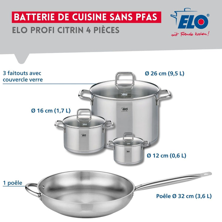 Set de 1 Poêle de cuisson 32 cm et 3 faitouts 12, 16 et 26 cm Elo Profi Citrin