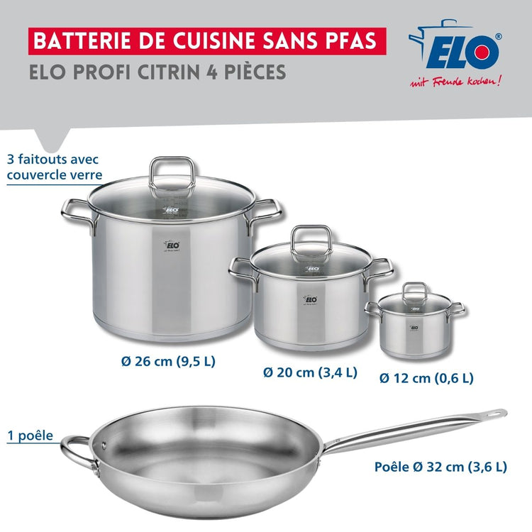 Set de 1 Poêle de cuisson 32 cm et 3 faitouts 12, 20 et 26 cm Elo Profi Citrin