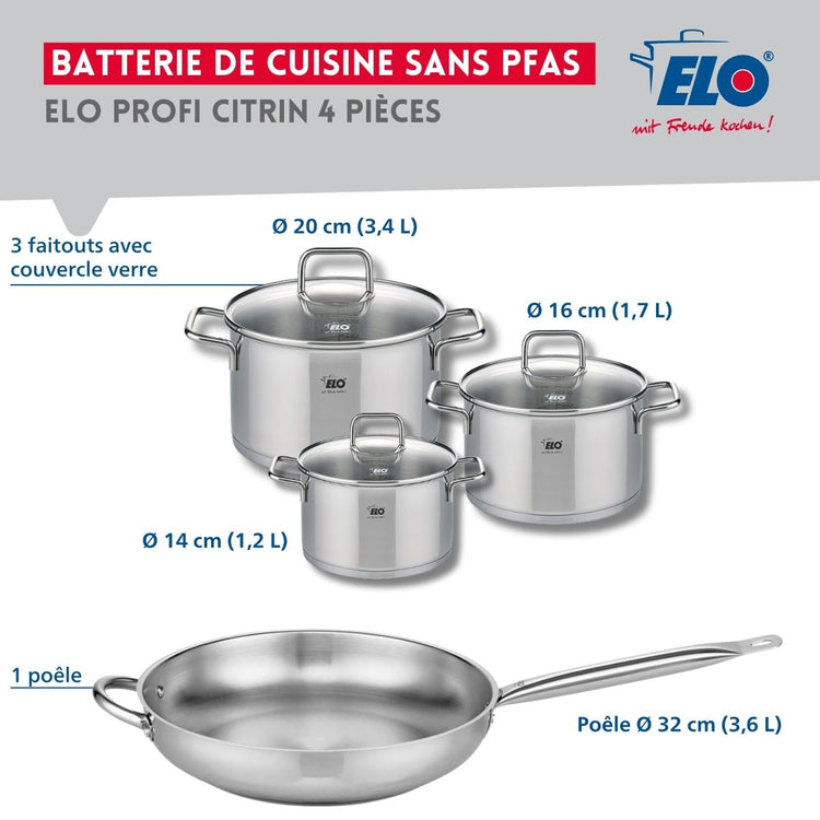 Set de 1 Poêle de cuisson 32 cm et 3 faitouts 14, 16 et 20 cm Elo Profi Citrin