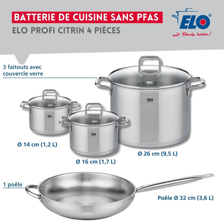 Set de 1 Poêle de cuisson 32 cm et 3 faitouts 14, 16 et 26 cm Elo Profi Citrin