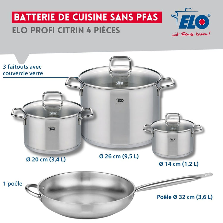 Set de 1 Poêle de cuisson 32 cm et 3 faitouts 14, 20 et 26 cm Elo Profi Citrin