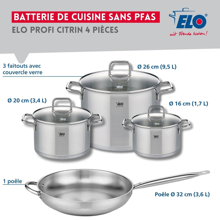 Set de 1 Poêle de cuisson 32 cm et 3 faitouts 16, 20 et 26 cm Elo Profi Citrin