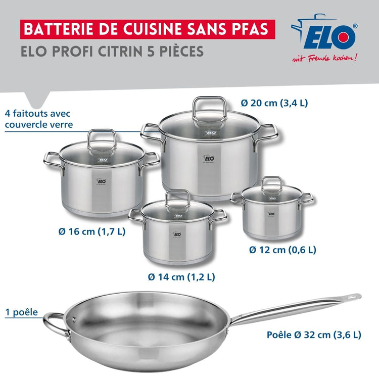 Set de 1 Poêle de cuisson 32 cm et 4 faitouts 12, 14, 16 et 20 cm Elo Profi Citrin