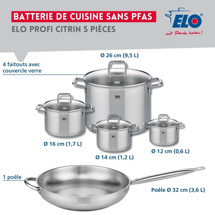 Set de 1 Poêle de cuisson 32 cm et 4 faitouts 12, 14, 16 et 26 cm Elo Profi Citrin