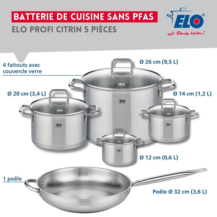 Set de 1 Poêle de cuisson 32 cm et 4 faitouts 12, 14, 20 et 26 cm Elo Profi Citrin