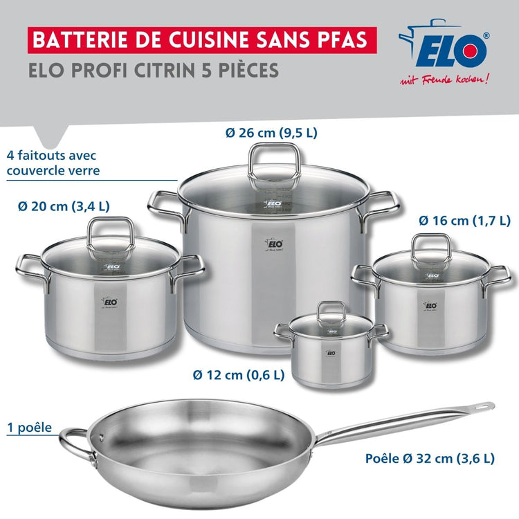 Set de 1 Poêle de cuisson 32 cm et 4 faitouts 12, 16, 20 et 26 cm Elo Profi Citrin