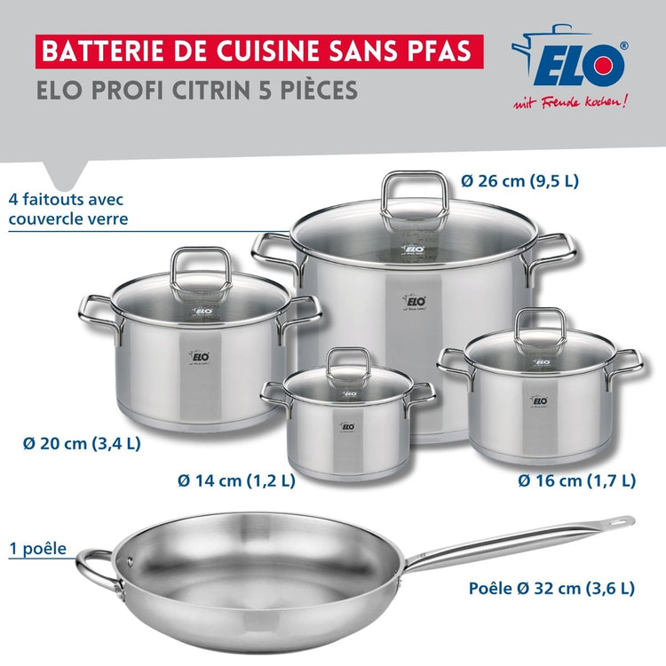 Set de 1 Poêle de cuisson 32 cm et 4 faitouts 14, 16, 20 et 26 cm Elo Profi Citrin