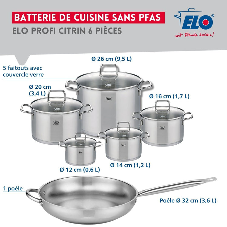 Set de 1 Poêle de cuisson 32 cm et 5 faitouts 12, 14, 16, 20 et 26 cm Elo Profi Citrin