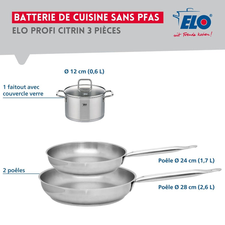 Set de 2 Poêles de cuisson 24 et 28 cm et 1 faitout 12 cm Elo Profi Citrin