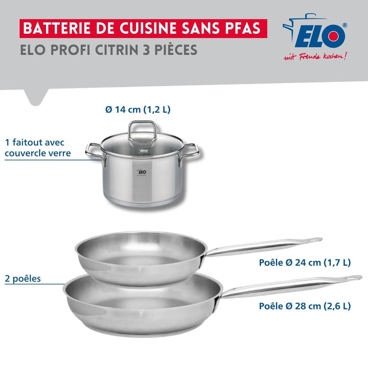 Set de 2 Poêles de cuisson 24 et 28 cm et 1 faitout 14 cm Elo Profi Citrin