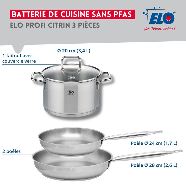 Set de 2 Poêles de cuisson 24 et 28 cm et 1 faitout 20 cm Elo Profi Citrin